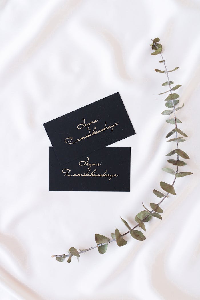 Minimalist black business cards placed on white fabric with eucalyptus twig for a modern look.